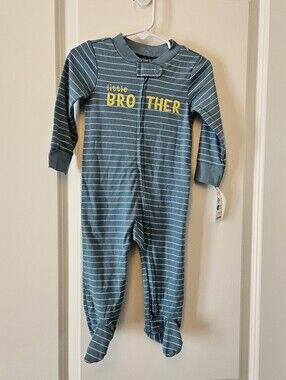 NEW Carter's Blue Striped 'Little Brother' Footed One-Piece 9m